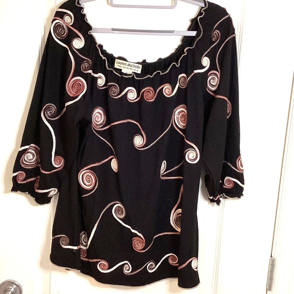 Lauren Michelle Women's Black Embroidery Top Blouse Off-The-Shoulder 3/4 Sleeve